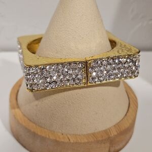 Gold and Silver Crystal Bracelet Aurora Borealis Rhinestone Hinged Jewelry